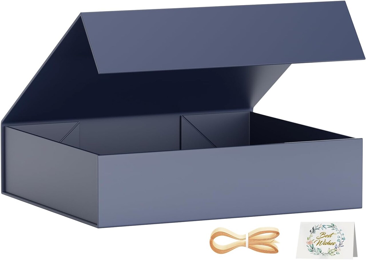 Gentleman Blue Magnetic Gift Box with Lid – 11.5 x 7.8 x 3 Inch Luxury Gift Box with Ribbon & Card for Clothing, Accessories & Special Occasions (Blue)